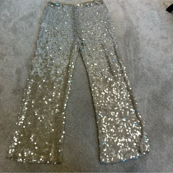 Zara champagne gold sequin embellished sparkly knit dress pants pull on L NWOT - Picture 5 of 15